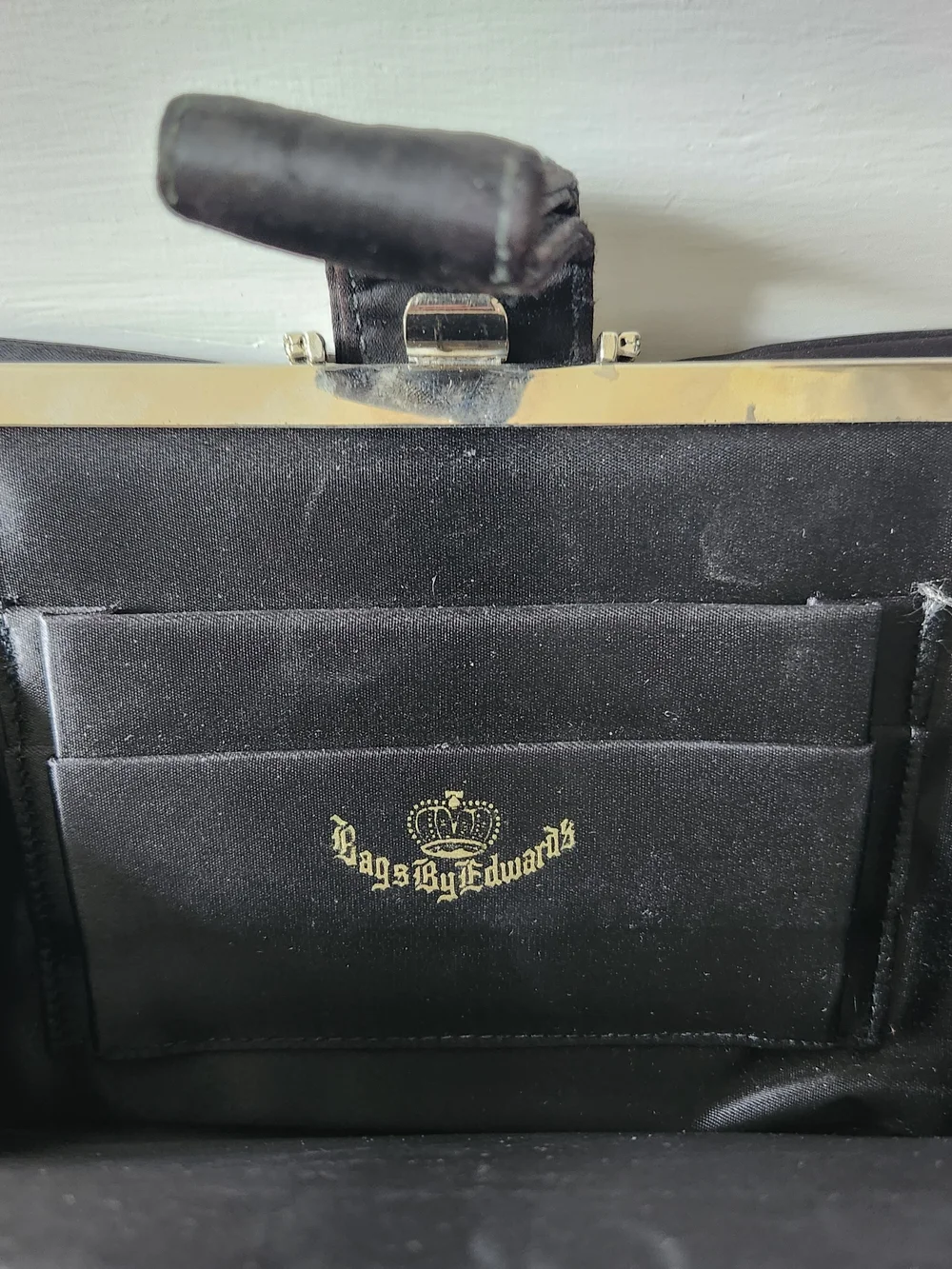 Vintage Black Satin Clutch with Crystal Bar